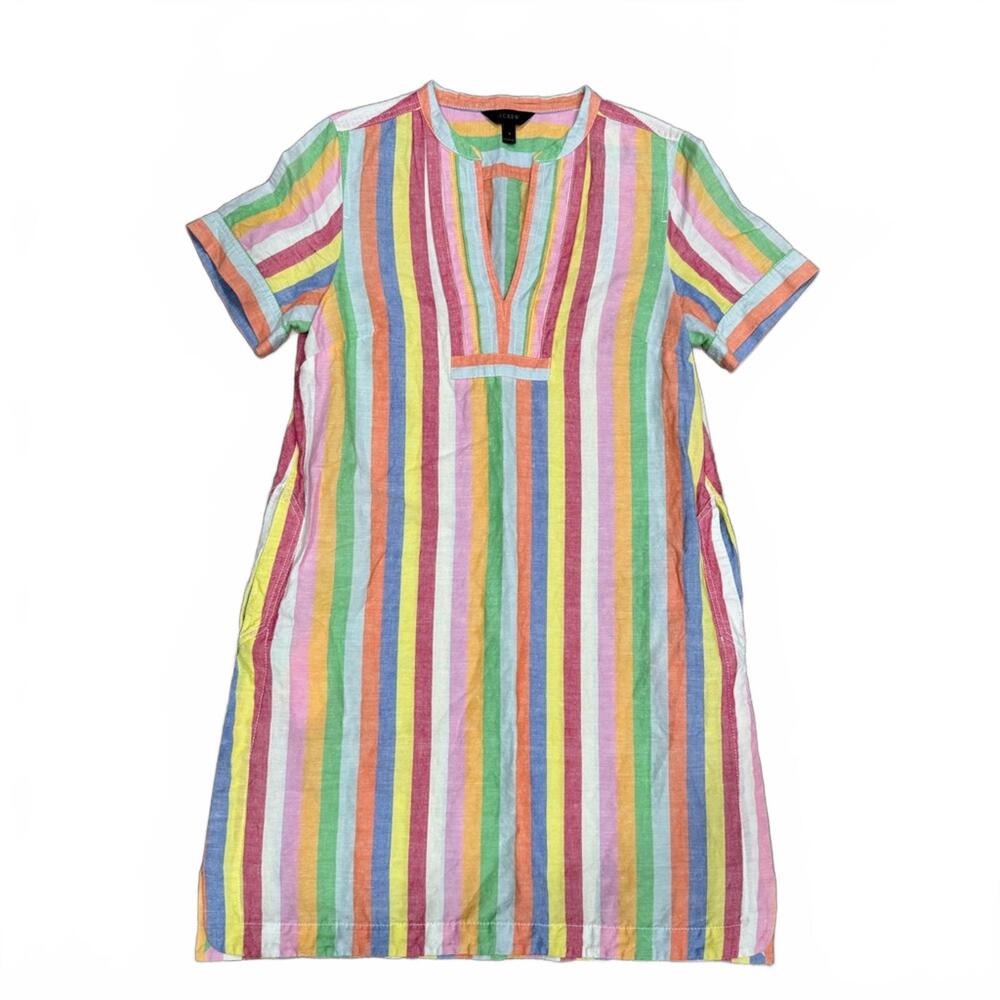 J. Crew Pastel Rainbow Striped Linen Blend Knee Length Shift Dress- Size Small - Picture 3 of 8